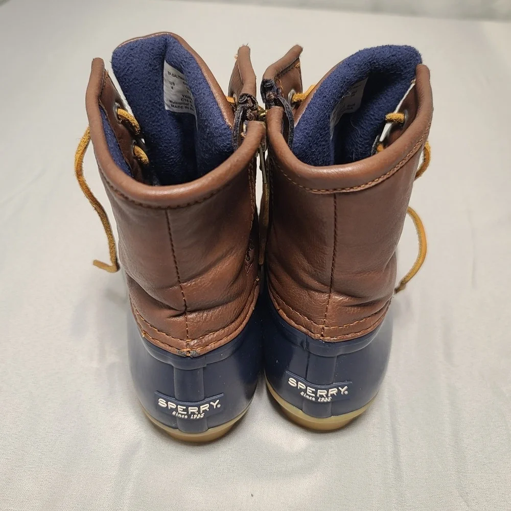 Sperry Saltwater Duck Boots Girls US 4 Navy Brown Waterproof Lace‎ Up Winter